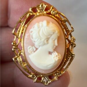 Vintage celluloid cameo brooch, woman with flowers, gold-toned frame, Classic